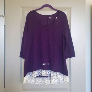 NWT Deep Purple Quarter-Length Shirt W/ Lace  Trim